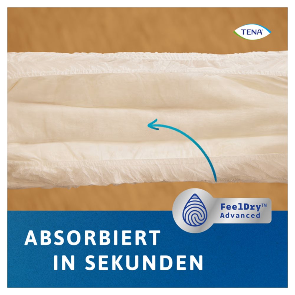 TENA ProSkin Pants Super L ist eine Packung mit bequemen Inkontinenzhosen, die speziell für Erwachsenen entwickelt wurden. Die Hosen sind in einer ansprechenden blauen und weißen Verpackung dargestellt, wobei der Produkttitel in klarer, lesbarer Schrift hervorgehoben ist. Auf der Vorderseite sind zusätzlich das TENA-Logo sowie Informationen zur Größe 'L' und den zusätzlichen Schutz gegen Undichtigkeiten abgebildet. Die Hosen bieten Bewegungsfreiheit und Komfort, ideal für den täglichen Gebrauch.