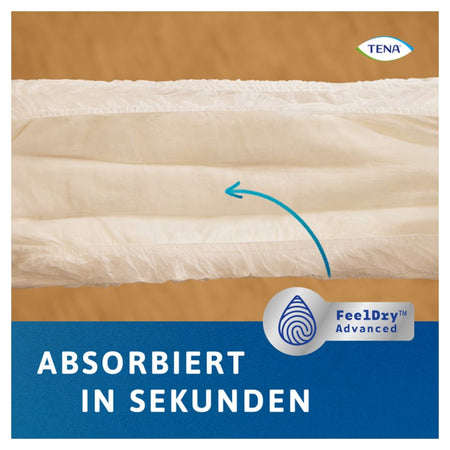 TENA ProSkin Pants Super L ist eine Packung mit bequemen Inkontinenzhosen, die speziell für Erwachsenen entwickelt wurden. Die Hosen sind in einer ansprechenden blauen und weißen Verpackung dargestellt, wobei der Produkttitel in klarer, lesbarer Schrift hervorgehoben ist. Auf der Vorderseite sind zusätzlich das TENA-Logo sowie Informationen zur Größe 'L' und den zusätzlichen Schutz gegen Undichtigkeiten abgebildet. Die Hosen bieten Bewegungsfreiheit und Komfort, ideal für den täglichen Gebrauch.