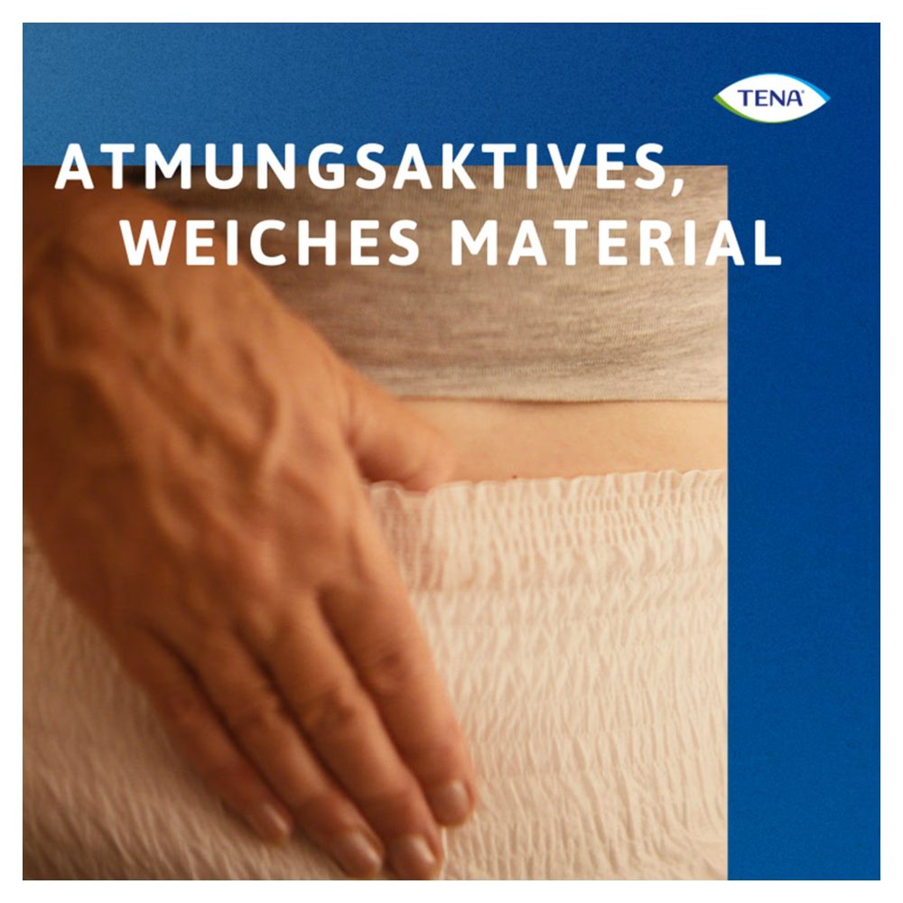 TENA ProSkin Pants Super Größe L sind bequeme und flexible Inkontinenzunterwäsche für Erwachsene. Auf dem Bild sind die Pants in einer offenen Position zu sehen, um die zuverlässige passform und den hohen Tragekomfort zu verdeutlichen. Der Stoff ist weich und atmungsaktiv, was für ein angenehmes Tragegefühl sorgt. Die Pants sind in einer hellen, beige Farbe gehalten, mit deutlichen Größenangaben. Diese Produkte sind ideal für die tägliche Nutzung und bieten zusätzlichen Schutz und Sicherheit.