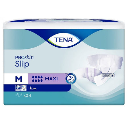 Ein Paket mit TENA Slip Maxi Proskin in der Größe M. Die Vorderseite des Pakets ist hellblau mit weißen und grünen Akzenten. Oben links ist das TENA-Logo sichtbar. In der Mitte steht "Slip Maxi" in großer Schrift und darunter "ProSkin". Die Zahl "10" verweist auf die Anzahl der Produkte im Inneren. Am unteren Rand sind Gesundheits- und Komfortsymbole abgebildet, die den Einsatz des Produkts unterstützen. Der Hintergrund des Bildes ist weiß, was den Fokus auf das Produkt lenkt.