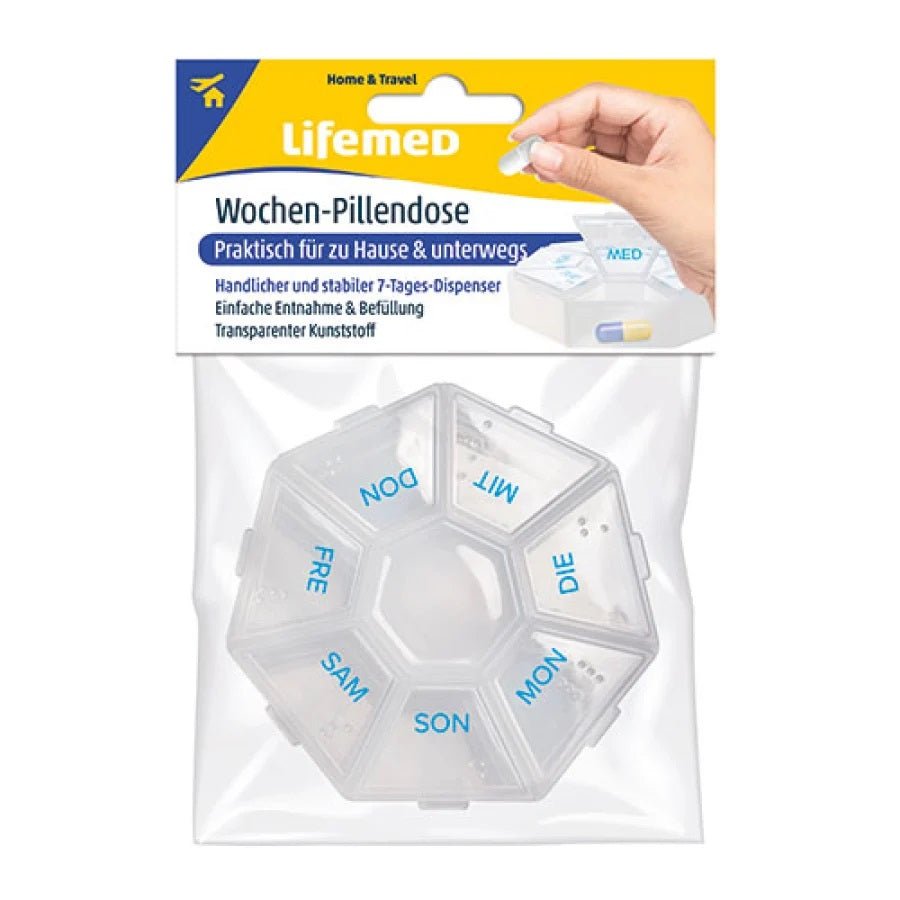 Lifemed Wochen-Pillendose mit 7 Fächern Wochendispenser 7,5 x 7,5 x 1,7 cm