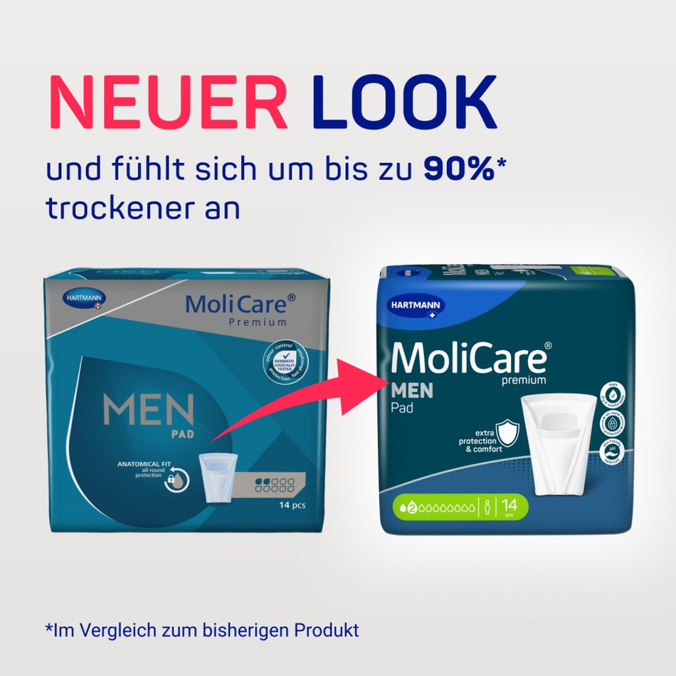 Produktbild von MoliCare Premium MEN PAD, einer Inkontinenzhilfe für Männer. Die Verpackung zeigt ein zeitgemäßes Design mit grün-weißer Farbgebung und klaren Informationen über die Produktmerkmale. Eine kurze Beschreibung macht auf die hohe Saugfähigkeit (2 Tropfen) aufmerksam. Die Darstellung zeigt die Vorderseite der Packung, die mit einem PZN-Code (18659188) versehen ist. Im Hintergrund ist ein neutraler, unscharfer Untergrund zu sehen, der die Produkte hervorhebt.
