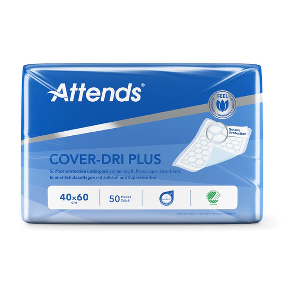 Ein Produktbild zeigt eine Packung mit Einweg-Inkontinenzprodukten. Die Verpackung ist im Vordergrund, transparent, sodass die enthaltenen, faltbaren Tücher sichtbar sind. Die Tücher sind in einem hellen Blau gehalten und in einer handlichen Größe (40x60 cm) erhältlich. Die Vorderseite der Packung zeigt das Logo "Attends" sowie die Beschriftung "Cover Dri Plus". Der Hintergrund ist schlicht und weiß, was den Fokus auf die Verpackung und die Beschreibung der Produkte lenkt.