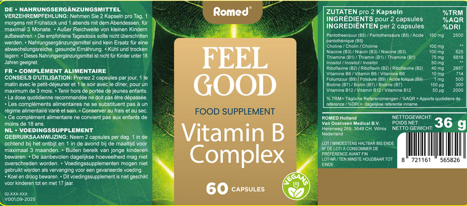 Romed FEEL GOOD Vitamin B Complex Nahrungsergänzungsmittel, 60 Kapseln