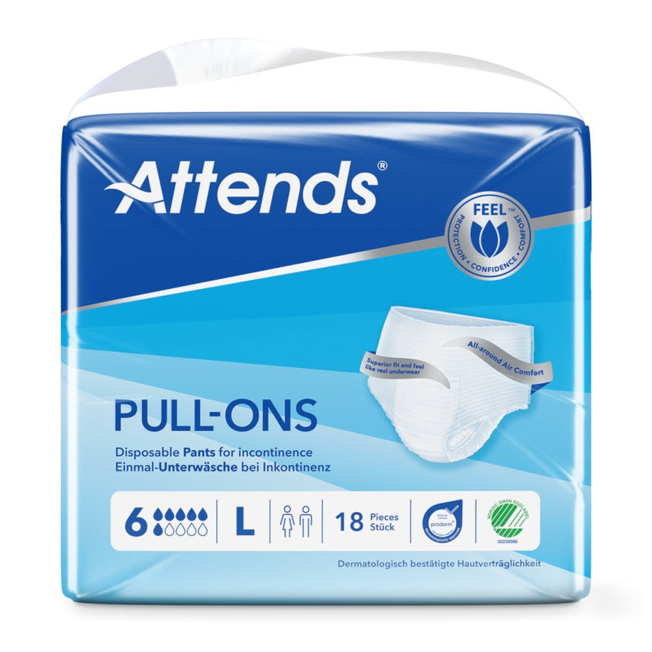 Ein Produktbild zeigt eine Packung mit Attends Pull-Ons, Größe L, die auf einem weißen Hintergrund präsentiert wird. Die Vorderseite der Verpackung ist deutlich sichtbar und enthält das Logo von Attends sowie die Produktbezeichnung “Pull-Ons” in auffälliger Schrift. Darunter steht "Größe L". Die Packung ist transparent, sodass der Inhalt, mehrere designt hochwertige Inkontinenzunterhosen, teilweise sichtbar ist. Die Unterhosen haben ein angenehmes, weiches Material, das für maximalen Komfort sorgt.