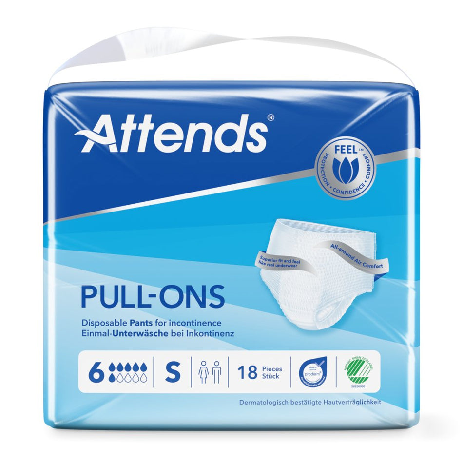 Ein Packung mit Attends Pull-ons Größe S, gezeigt in einem klaren, ansprechenden Design. Die Verpackung hat einen weißen Hintergrund mit bunten Akzenten in Blau und Grün. Auf der Vorderseite sind deutliche, große Schriftzüge mit dem Produktnamen "Attends" und den Informationen zur Größe „S“. Das Bild zeigt die Pull-ons in einer attraktiven Anordnung, um ihre Form und Flexibilität zu betonen. Sie sind atmungsaktiv, für den täglichen Gebrauch geeignet und bieten Komfort sowie Sicherheit.