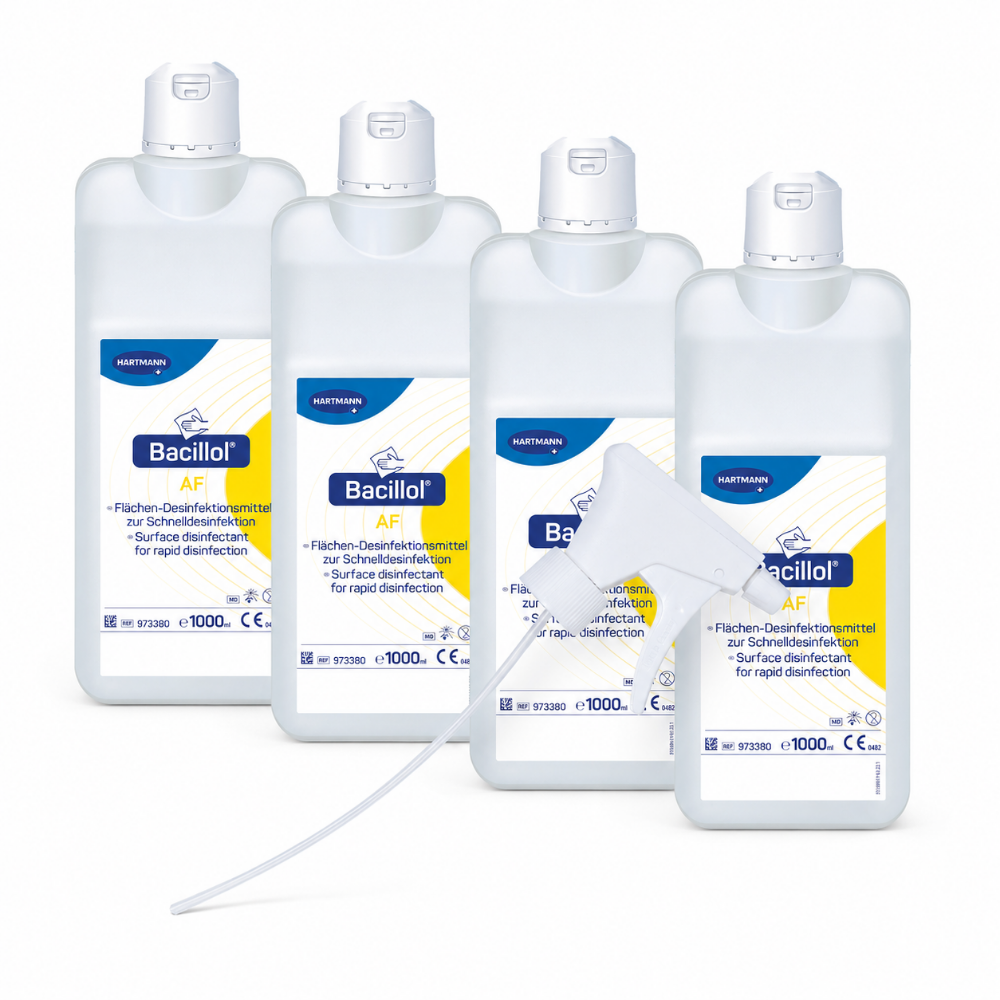Bacillol AF 1000 ml Flächendesinfektionsmittel, vier Flaschen mit Sprühkopf auf weißem Hintergrund