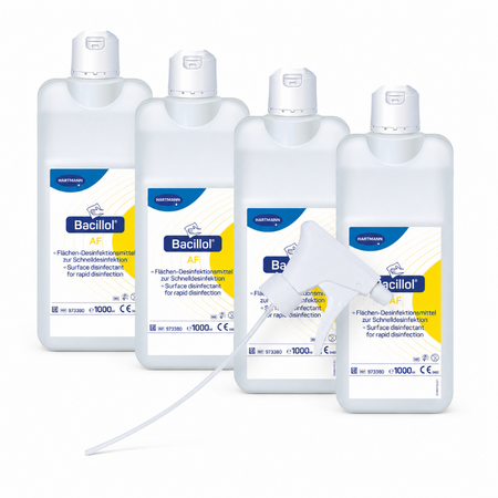 Bacillol AF 1000 ml Flächendesinfektionsmittel, vier Flaschen mit Sprühkopf auf weißem Hintergrund