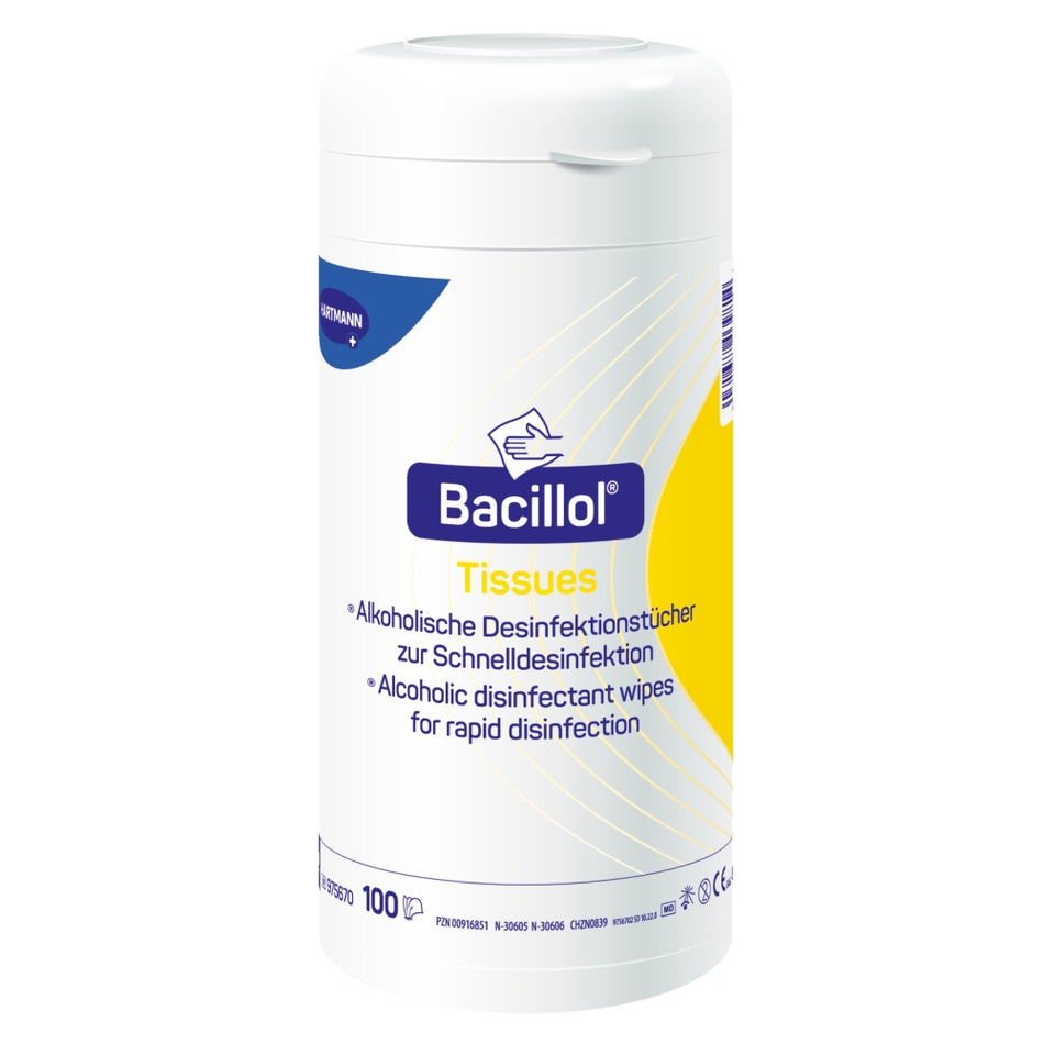 Bacillol Tücher in einer praktischen Verpackung. Die Einweg-Tücher sind in einer weißen, kompakten Box untergebracht, die auf einem leicht reflektierenden Untergrund präsentiert wird. Die Vorderseite der Box zeigt auf einem bunten Hintergrund die Produktbezeichnung "Bacillol" sowie Symbole für Hygiene und Wirksamkeit. Unter der Produktbezeichnung befinden sich Hinweise zur Anwendung. Die Verpackung ist leicht geöffnet, um die Tücher sichtbar zu machen.
