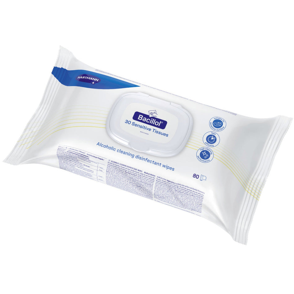 Eine Packung Bacillol 30 Sensitive Tissues Desinfektionstücher mit 80 Stück in weiß-blauer Verpackung in der Großaufnahme.