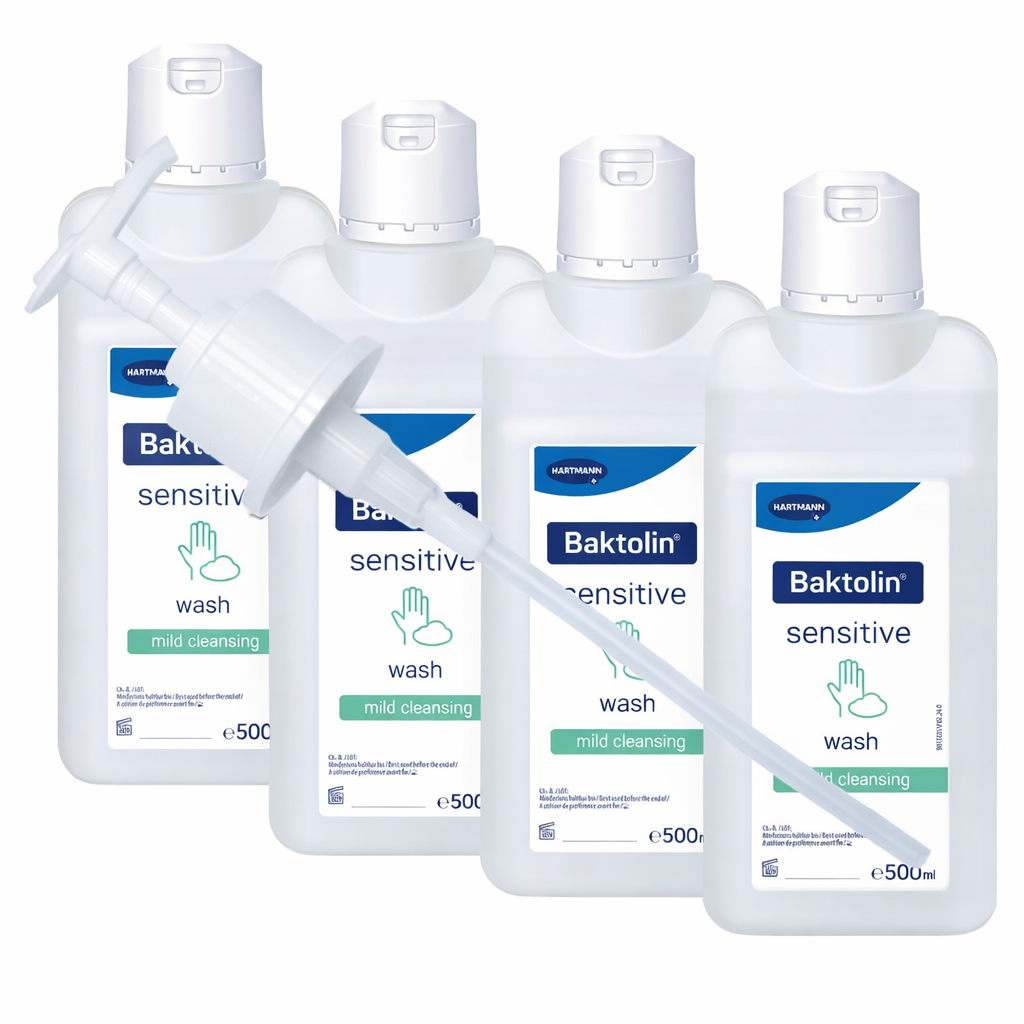 Vier Baktolin sensitive 500 ml Flaschen mit Dosierpumpe, frontal angeordnet, auf hellem Hintergrund, klares Produktbild