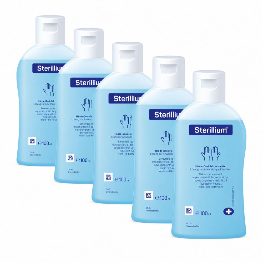 Sterillium 100 ml Händedesinfektionsmittel, fünf Flaschen auf weißem Hintergrund