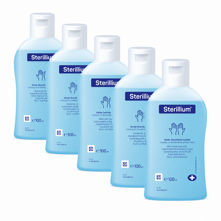 Sterillium 100 ml Händedesinfektionsmittel, fünf Flaschen auf weißem Hintergrund