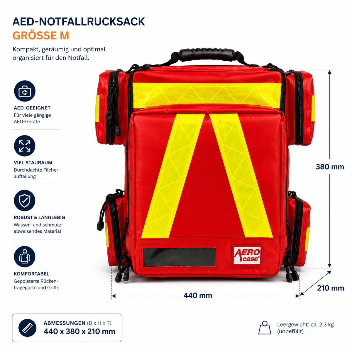 AEROcase AED-Notfallrucksack Größe M, 440×380×210 mm, 2,3 kg, wasserdichtes Planenmaterial mit Reflexstreifen