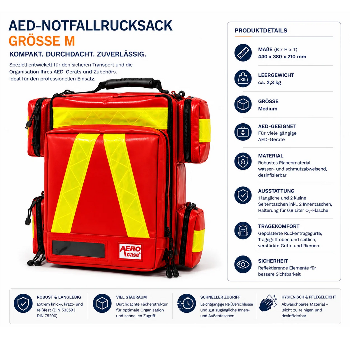 AEROcase AED-Notfallrucksack Größe M Frontansicht mit Produktdetails, Maßen 440×380×210 mm und 2,3 kg Leergewicht