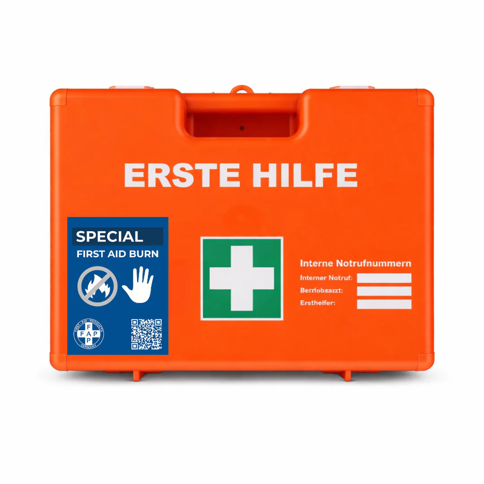 Oranger Erste-Hilfe-Koffer Special First Aid Burn mit grünem Kreuz und Notrufnummern-Feld