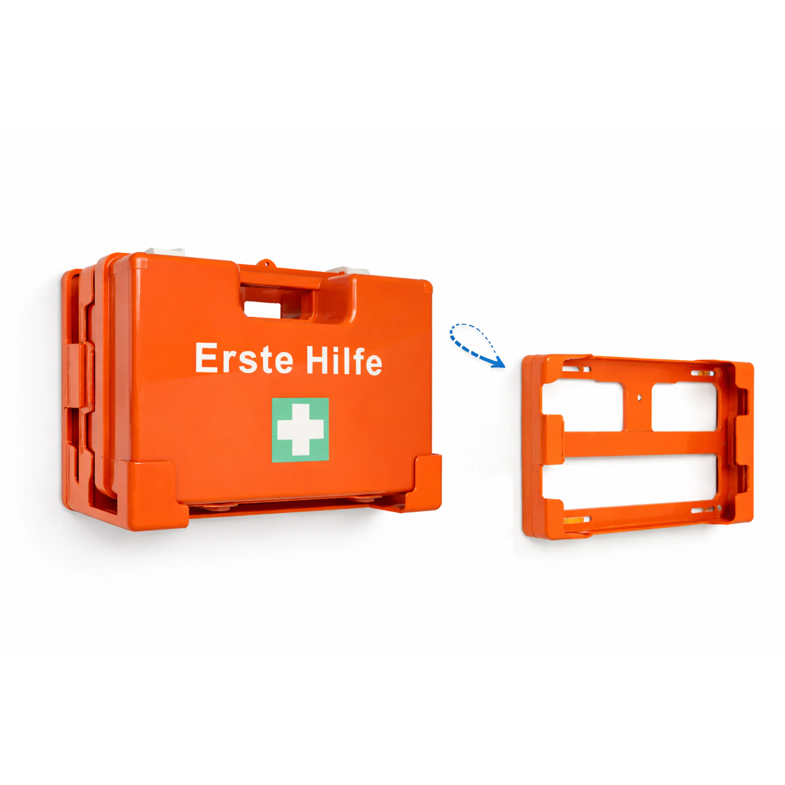 Oranger Erste-Hilfe-Koffer mit abnehmbarer orangefarbener Wandhalterung zur Wandmontage