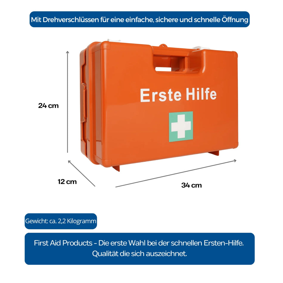 Oranger Erste-Hilfe-Koffer DIN 13157, Maße 34×24×12 cm, 2,2 kg, mit Drehverschlüssen freigestellt
