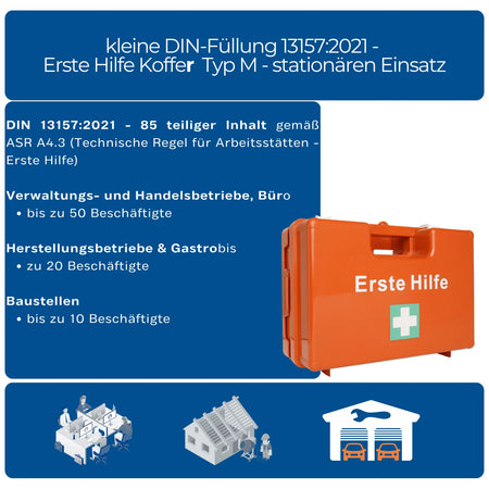 Betriebsverbandskasten DIN 13157:2021 für Büro und Verwaltung bis 50 Mitarbeiter, orangefarbener Koffer