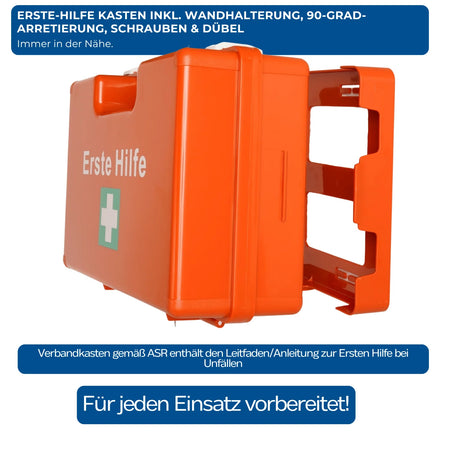 Oranger Erste-Hilfe-Koffer mit Wandhalterung und 90-Grad-Arretierung, ABS-Kunststoff, DIN 13157