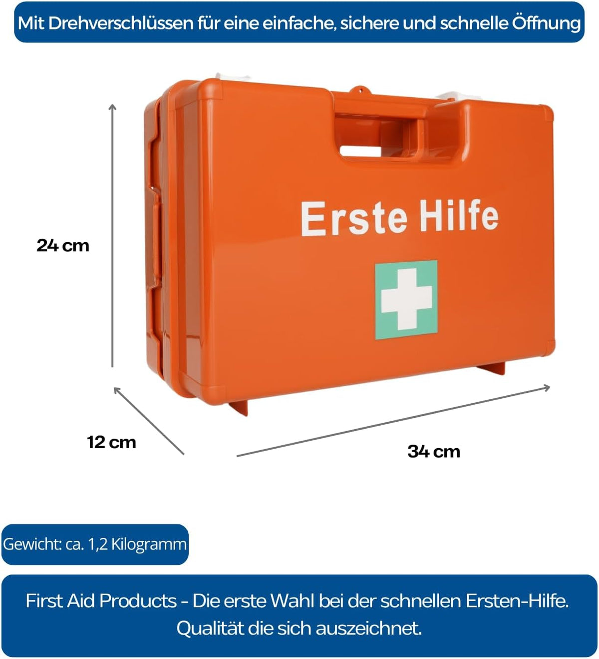Oranger Erste-Hilfe-Koffer DIN 13157, Maße 34×24×12 cm, 1,2 kg leer, mit Drehverschlüssen freigestellt