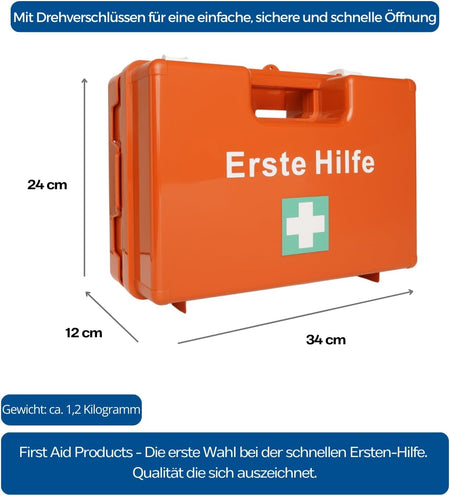 Oranger Erste-Hilfe-Koffer DIN 13157, Maße 34×24×12 cm, 1,2 kg leer, mit Drehverschlüssen freigestellt