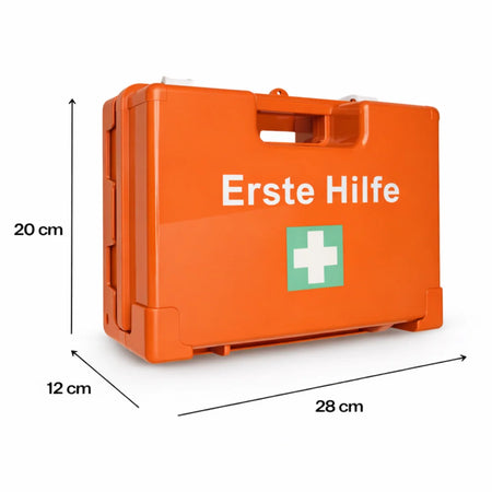 Oranger Erste-Hilfe-Koffer Typ S, Maße 28×20×12 cm, mit Drehverschlüssen und grünem Kreuz-Symbol