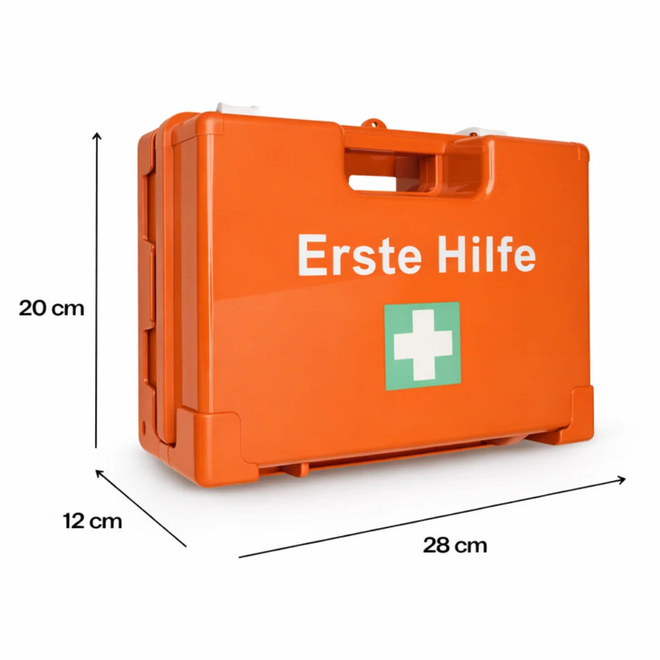 Oranger Erste-Hilfe-Koffer Typ S, Maße 28×20×12 cm, mit Drehverschlüssen und grünem Kreuz-Symbol
