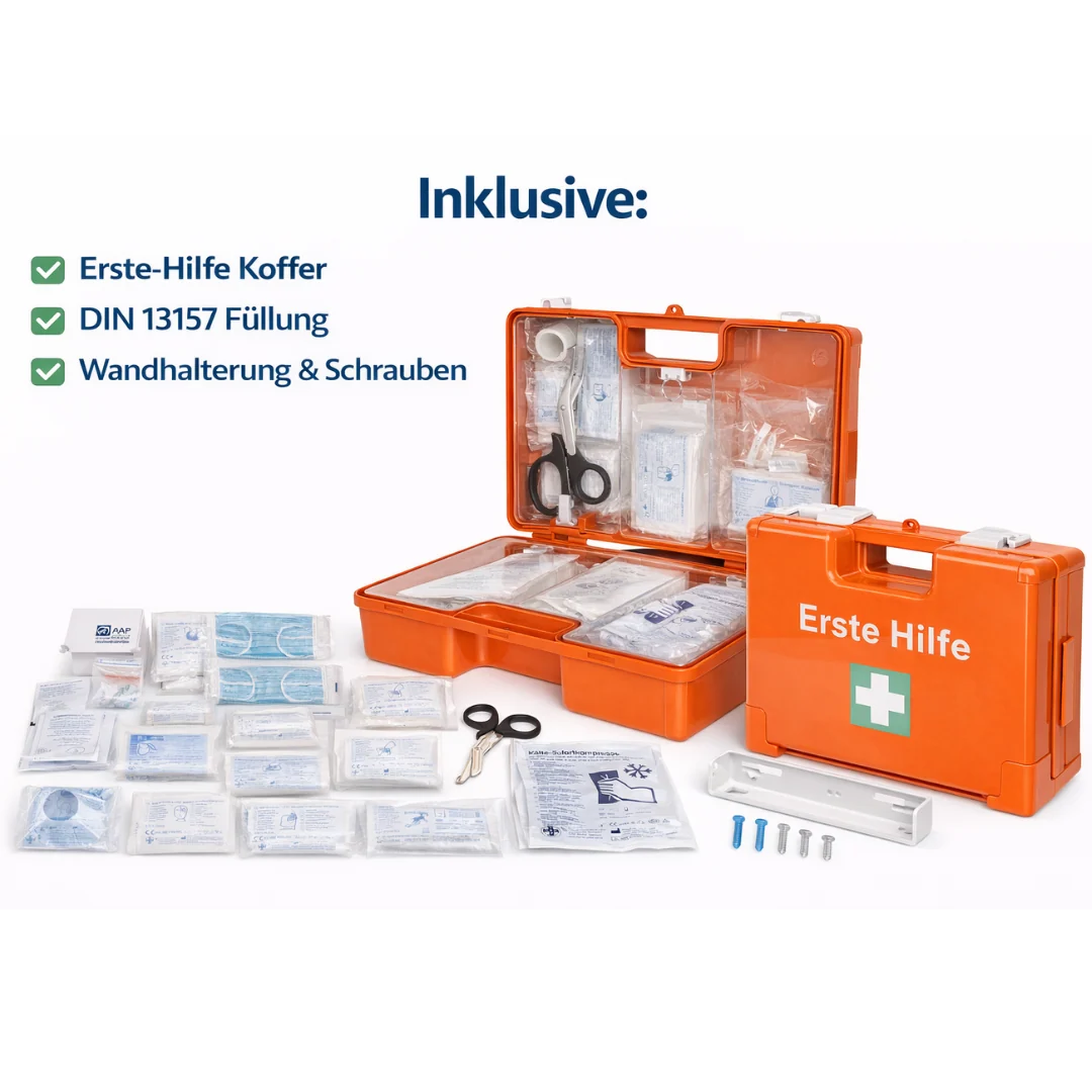 Oranger Erste-Hilfe-Koffer DIN 13157 mit vollständigem Inhalt inklusive Koffer, Füllung und Wandhalterung