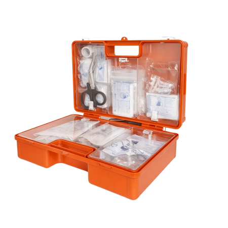Geöffneter oranger Erste-Hilfe-Koffer DIN 13157 mit transparentem Deckelhalter, Schere und Verbandmaterial