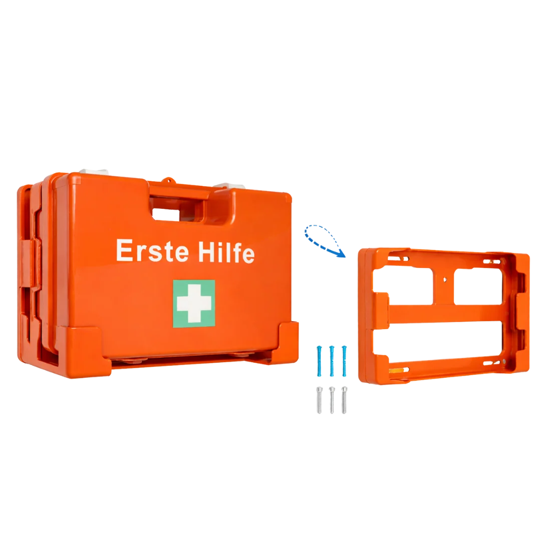 Oranger Erste-Hilfe-Koffer Typ S mit separater Wandhalterung und Dübeln zur Wandmontage, freigestellt