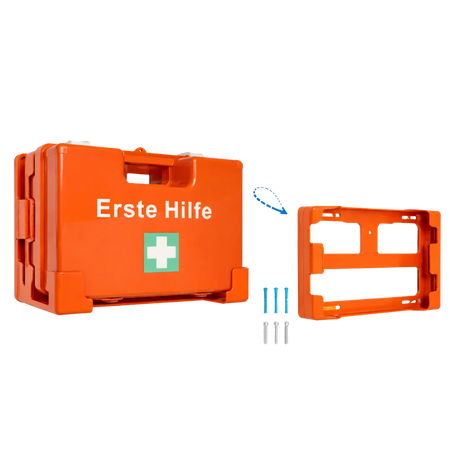 Oranger Erste-Hilfe-Koffer Typ S mit separater Wandhalterung und Dübeln zur Wandmontage, freigestellt