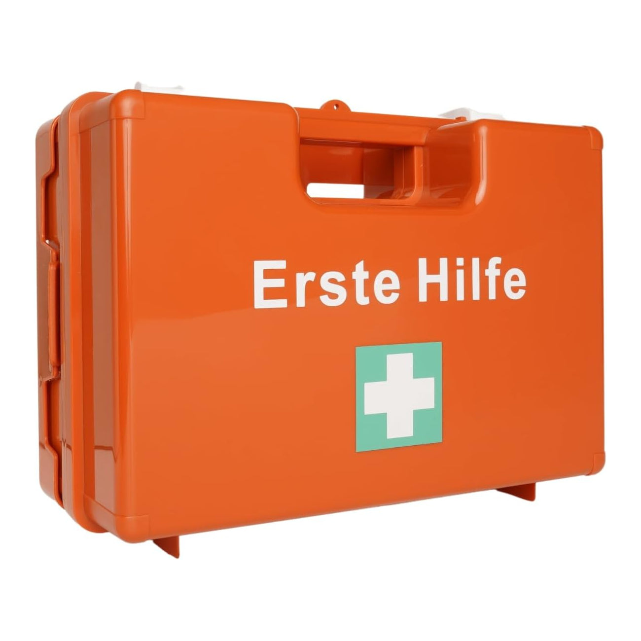 Oranger Erste-Hilfe-Koffer Typ S DIN 13157 geschlossen, Frontansicht mit grünem Kreuz und Tragegriff
