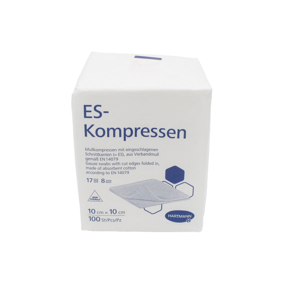 Packung ES-Kompressen 10×10 cm von Hartmann mit 100 Stück in weißer Verpackung, Vorderansicht.