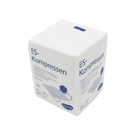 Packung ES-Kompressen 10×10 cm von Hartmann mit 100 Stück in weißer Verpackung, Seitenansicht.