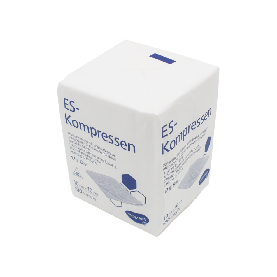 Packung ES-Kompressen 10×10 cm von Hartmann mit 100 Stück in weißer Verpackung, Seitenansicht.