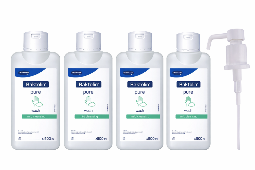 Hartmann Baktolin pure Waschlotion, 4x 500 ml Flaschen (mild cleansing) mit Dosierpumpe, Produktabbildung auf weißem Hintergrund