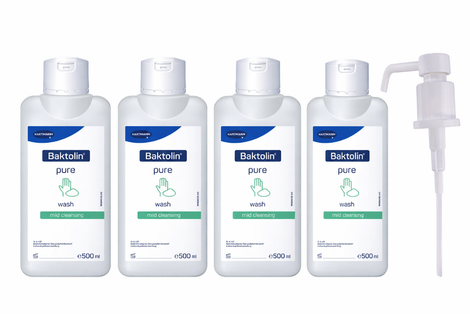 Hartmann Baktolin pure Waschlotion, 4x 500 ml Flaschen (mild cleansing) mit Dosierpumpe, Produktabbildung auf weißem Hintergrund