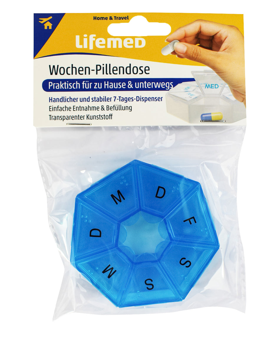 Lifemed Wochen-Pillendose blau mit 7 Fächern Wochendispenser 7,5 x 7,5 x 1,7 cm (1 Stück)