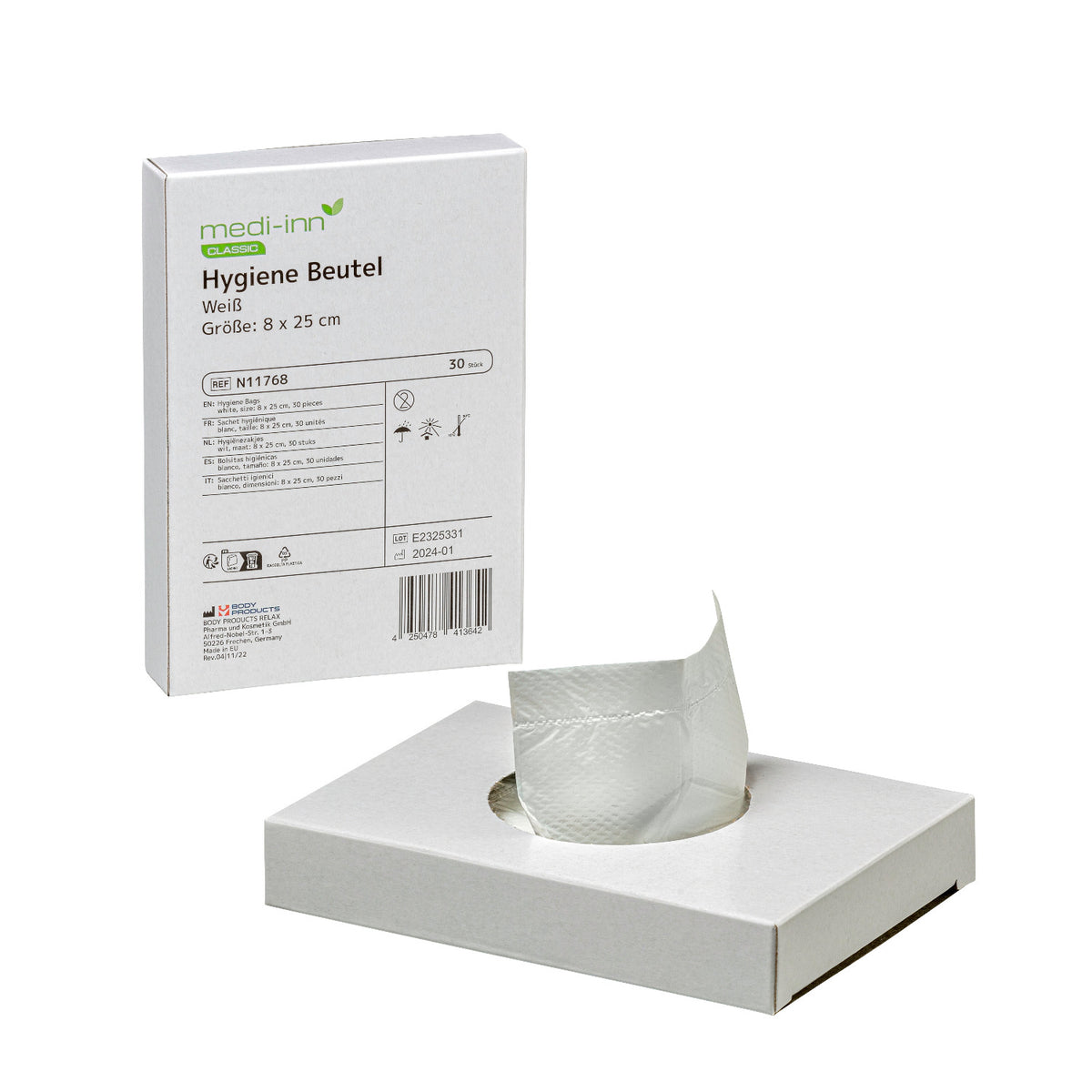Medi-Inn Hygiene Beutel N11768, weiße Spenderbox mit Hygienebeuteln, Größe 8 x 25 cm, 30 Stück