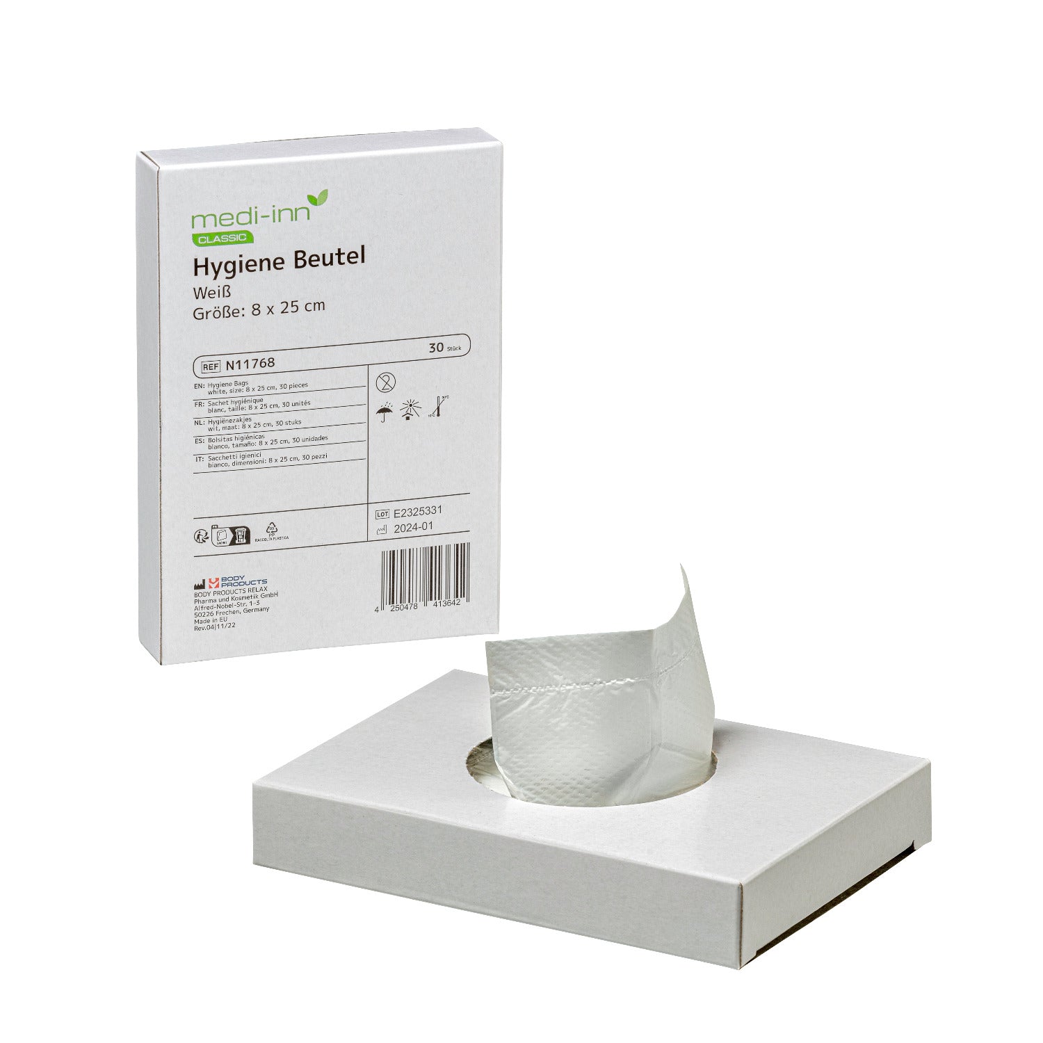 Medi-Inn Hygiene Beutel N11768, weiße Spenderbox mit Hygienebeuteln, Größe 8 x 25 cm, 30 Stück