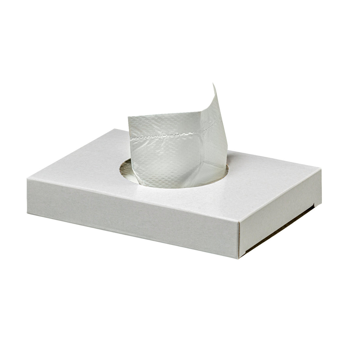 Weiße Spenderbox mit entnommenem Medi-Inn Hygienebeutel, Größe 8 x 25 cm