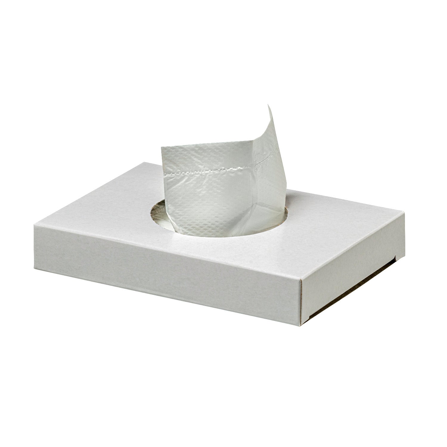 Weiße Spenderbox mit entnommenem Medi-Inn Hygienebeutel, Größe 8 x 25 cm