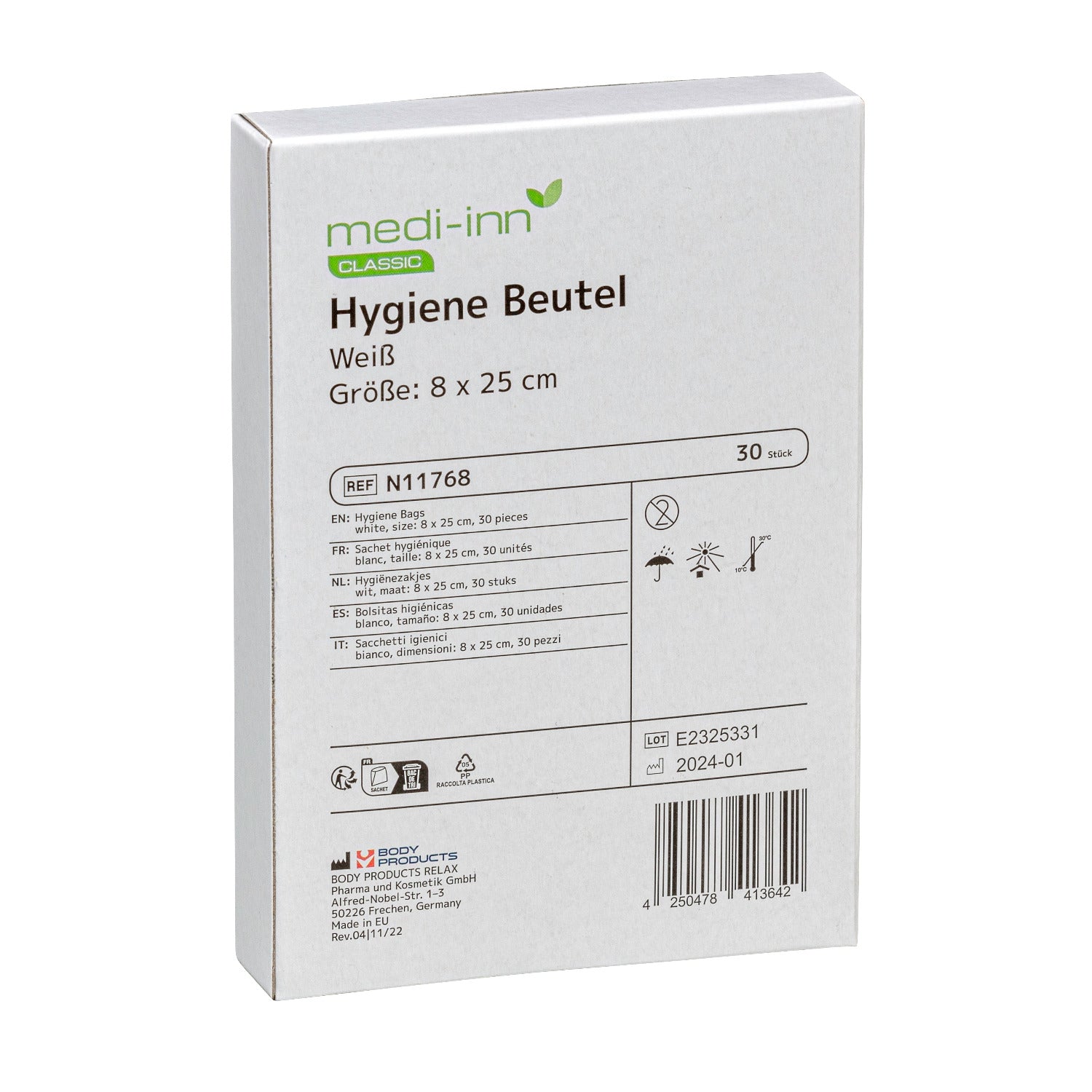 Verpackung Medi-Inn Hygiene Beutel N11768 in Weiß, 8 x 25 cm, 30 Stück