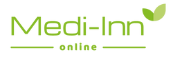 Das Bild zeigt das Logo von Medi Inn, einem modernen und ansprechenden Design. Es beinhaltet den Schriftzug "Medi Inn" in klaren, gut lesbaren Buchstaben, wobei die Farbe Blau dominiert. Über dem Schriftzug befinden sich stilisierte medizinische Symbole, die für Gesundheit und Wellness stehen, in einer harmonischen Anordnung. Der Hintergrund ist schlicht gehalten, um den Fokus auf das Logo zu lenken.