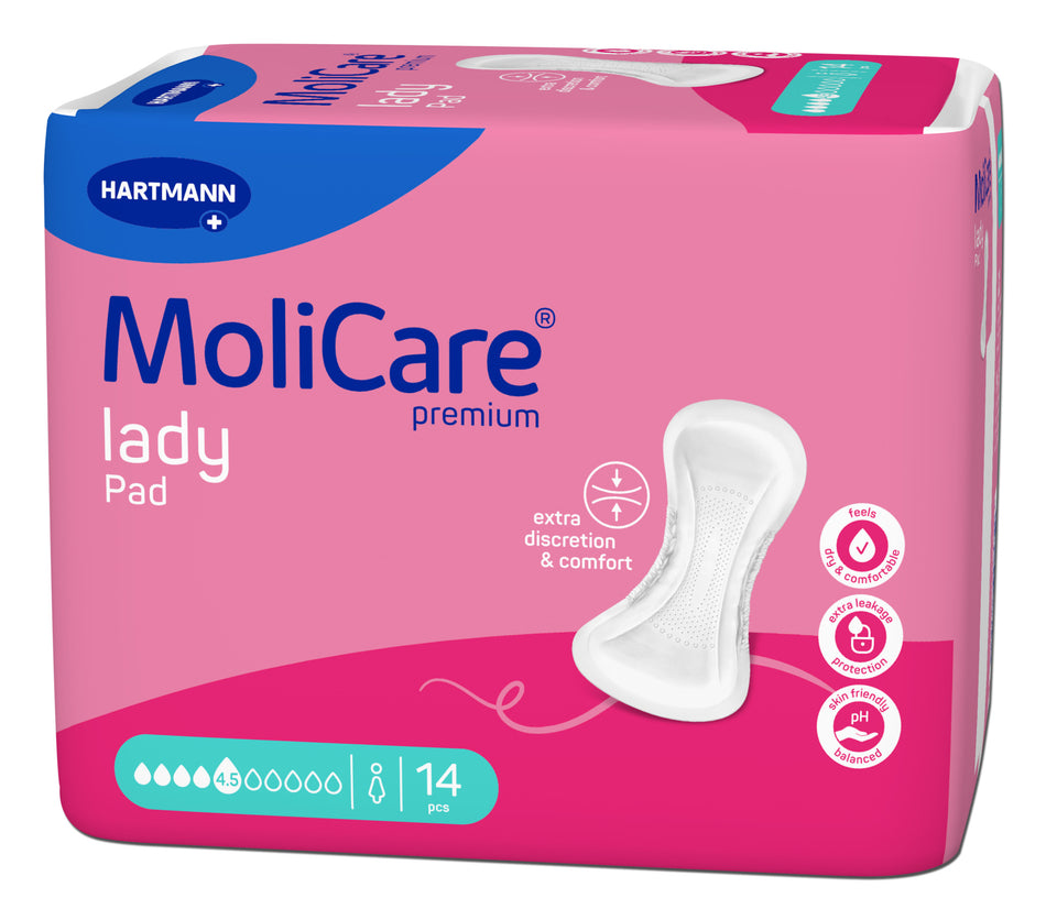Ein Paket mit MoliCare Lady Pads, das auf einem hellen Hintergrund abgebildet ist. Die Vorderseite des Pakets zeigt die Aufschrift "MoliCare Lady Pad" sowie Hinweise zur Saugstärke und Anwendung. Die Verpackung ist in sanften Farben gehalten, hauptsächlich in einem zarten Lila und Weiß. Die Pads sind für die Bedürfnisse von Frauen konzipiert und bieten Schutz bei leichter bis mittlerer Inkontinenz.