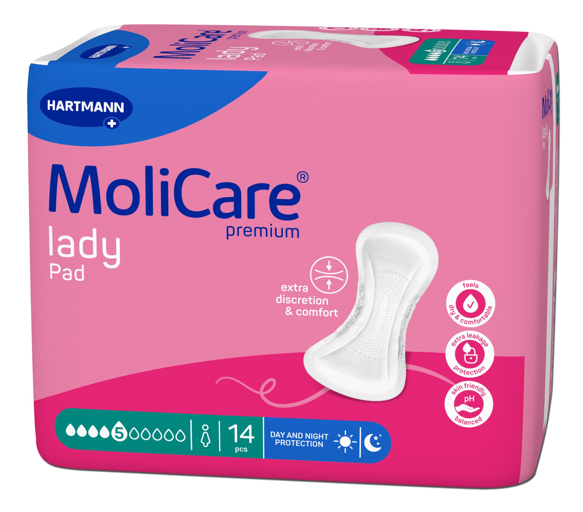 MoliCare Premium Lady Pad zeigt ein einzelnes, faltbares Inkontinenz-Pad für Frauen auf einem weißen Hintergrund. Das Pad ist dünn und oval geformt, mit einem leicht gewelltem Rand für zusätzlichen Komfort. Auf der Oberfläche sind kleine, feine Strukturen zu erkennen, die auf eine hohe Saugfähigkeit hinweisen. In der oberen Ecke des Bildes steht der Produktname „MoliCare Premium Lady Pad“ in klarer Schrift.