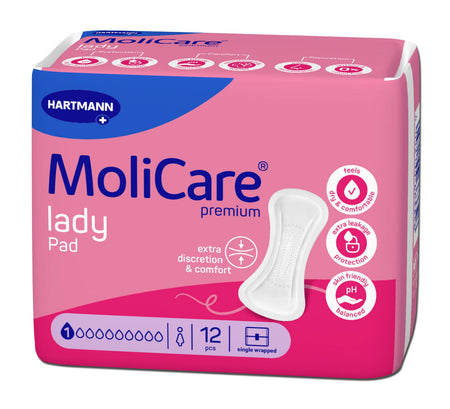 Hartmann MoliCare Premium Lady Pad, Saugstärke 1, 12 Stück, einzeln verpackt – pinke Produktverpackung.