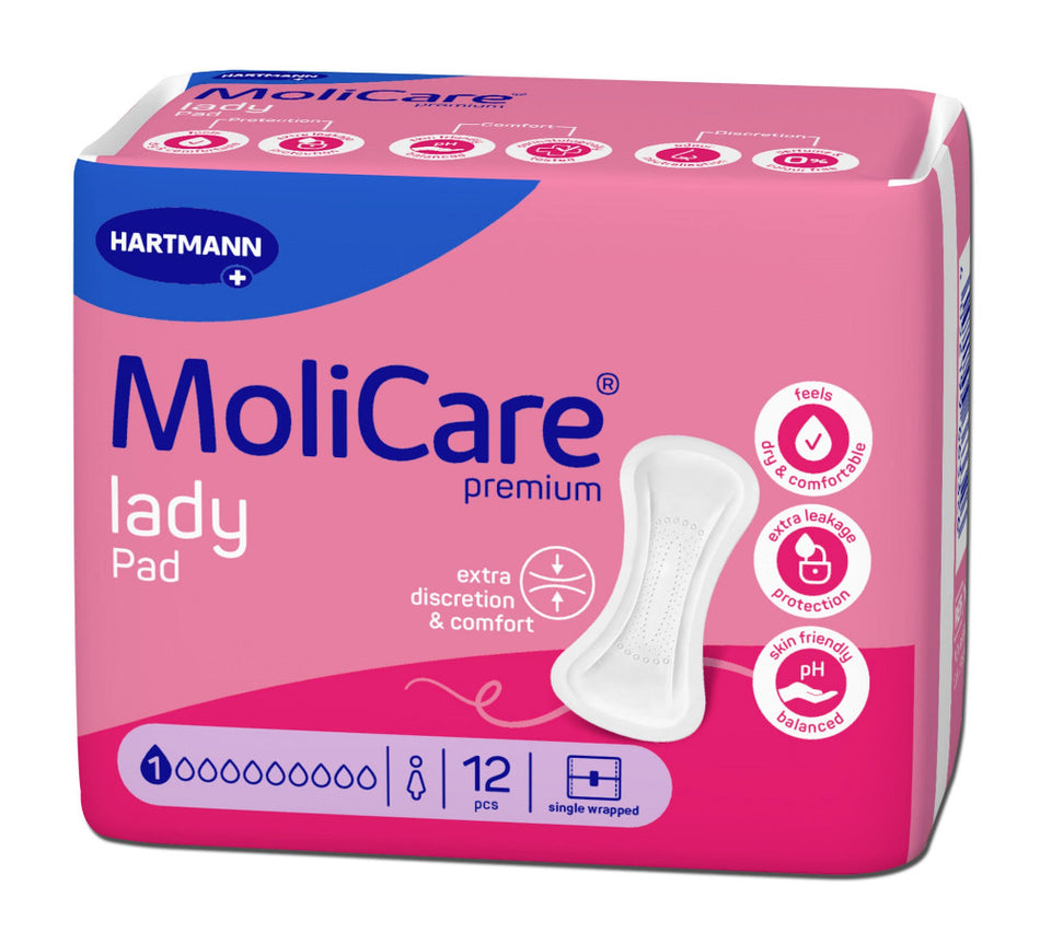 Hartmann MoliCare Premium Lady Pad, Saugstärke 1, 12 Stück, einzeln verpackt – pinke Produktverpackung.