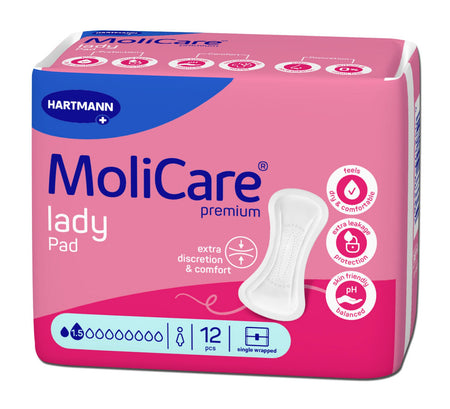 Hartmann MoliCare Premium Lady Pad, Saugstärke 1,5, 12 Stück, einzeln verpackt – pinke Produktverpackung.